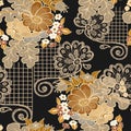 Seamless pattern bouquet flowers and openwork on black background.Vector. Royalty Free Stock Photo